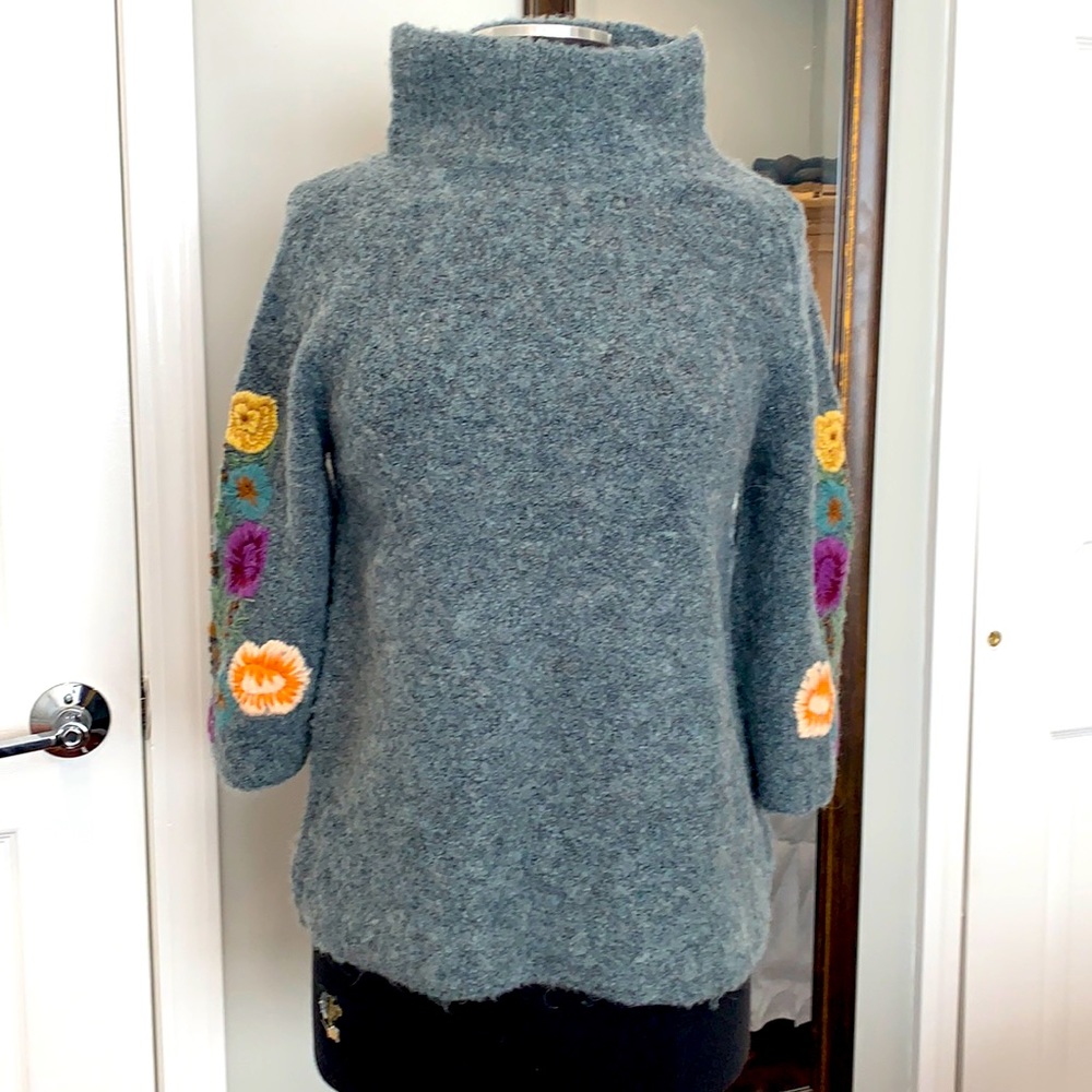 Anthropologie Sleeping On Snow 3/4 Sleeve Floral Embroidery Mohair Alpaca Wool